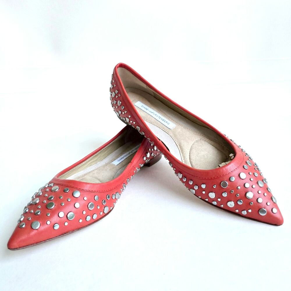 Studded Flats Size 7.5 Orange Leather Silver Stud Point Toe DVF Furstenberg Ara